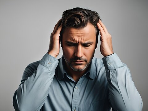 A photo image of an adult man with a migraine headache, holding his head in pain. 