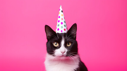 close up of a cat with party hat on a empty pink background, with empty copy space