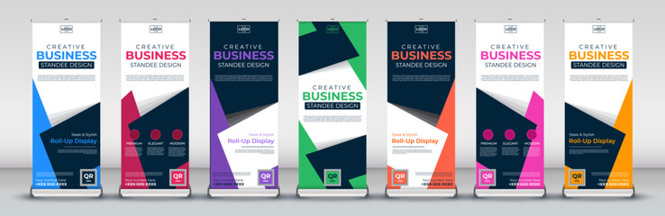 business roll up Banner Design set for signboard Advertising Template standee X banner for Street Business in red, green, blue, yellow, orange, purple, orange for events