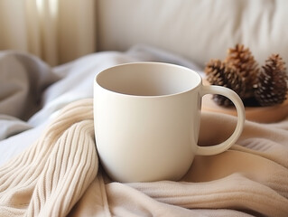 Fototapeta na wymiar White coffee mug mockup, ceramic cup mockup, cozy winter composition on warm knitted scarf