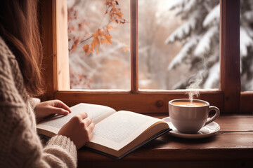 A young woman in a warm sweater is reading a book by the window with a view of a winter snowy park, a large white cup of hot drink is standing on a wooden windowsill and letting off steam. - obrazy, fototapety, plakaty