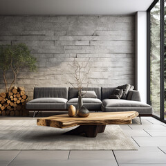 Modern home interior design living room. Table made of natural wood Against the background of a wall lined with natural stone. Minimalism. New direction in architecture.