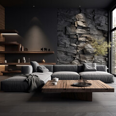 Modern home interior design living room. Table made of natural wood Against the background of a wall lined with natural stone. Minimalism. New direction in architecture.