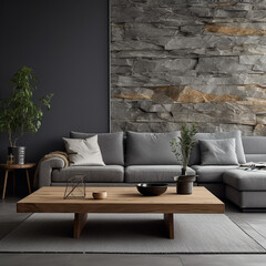Modern home interior design living room. Table made of natural wood Against the background of a wall lined with natural stone. Minimalism. New direction in architecture.