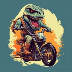 Fototapeta premium Dinosaur driving a motorcycle in the summer