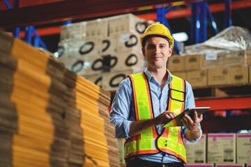 warehouse worker check stock, control stock, and warehouse management. logistics concept, factory, business, export industry. - obrazy, fototapety, plakaty