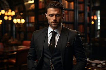 Successful and confident male entrepreneur in a business suit, portrait of a male leader in an office room, company boss at work