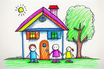 Colorful child's drawing: a charming house and a happy family, rendered with vibrant crayons or markers. A simple yet heartwarming portrayal of home and family life through the eyes of a child
