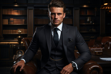 Successful and confident male entrepreneur in a business suit, portrait of a male leader in an office room, company boss at work