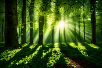 Sunlight filtering through the fresh green leaves of the spring forest, creating a magical play of light and shadow.