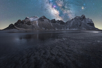 Galactic Peaks over Frozen Terrain at Starry Night