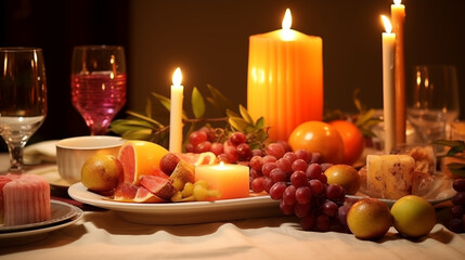 Candlemas Feast Table: Photograph a beautifully set table for a Candlemas feast, featuring candles of various sizes, creating an inviting and celebratory ambiance