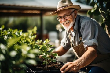 An elderly man wearing glasses is happy to take care of trees, pruning trees - obrazy, fototapety, plakaty