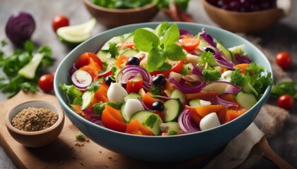 Vegetable salad in a bowl with flying ingredients-topaz.jpeg, Vegetable salad in a bowl with flying ingredients, mayonnaise, olive oil-topaz.jpeg, Vegetable salad in a bowl