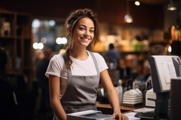 Fototapeta na wymiar eautiful female cashier standing at counter working with cash register in coffee shop