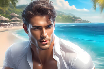Closeup shot of handsome guy, Man on beach, Attractive man - obrazy, fototapety, plakaty