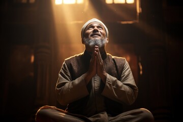 Asian Muslim man sitting while raised hands and praying on the mosque - obrazy, fototapety, plakaty