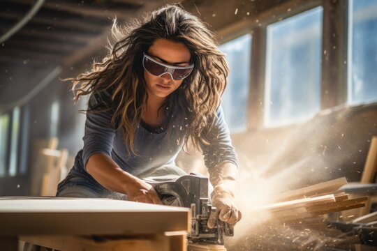 Beautiful Latin woman carpenter using power tools working her wood job