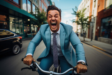 Crazy business, sustainable transport concept. Businessman in suit and tie riding bicycle to work...