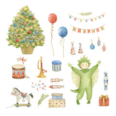Set of Christmas watercolor illustrations: a child in a dragon costume, a Christmas tree, toys, gifts, Christmas tree decorations, a horse, balloons, musical instruments, garlands and others