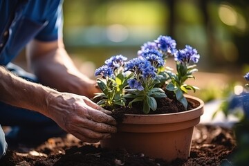 Fototapeta premium Close up of mature bearded caucasian man in blue t-shirt planting flowers in pot with garden