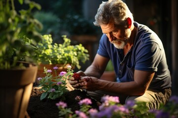 Naklejka na ściany i meble Close up of mature bearded caucasian man in blue t-shirt planting flowers in pot with garden