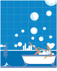 Young girl enjoying a bubble bath in a bath tub. Modern Life style in an urban city vector Illustration.