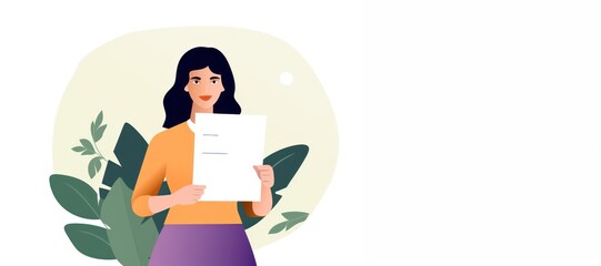 Fototapeta na wymiar Woman looks at a Piece of Paper Background with Empty Copy Space - Beautiful Animated Business Woman Backdrop - Flat Vector Girl Graphics Illustration Wallpaper created with Generative AI Technology