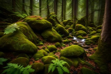 Moss-covered rocks surrounded by vibrant ferns, hinting at the lushness of the spring forest.