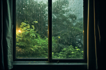 Window looking out to the forest on a rainy day