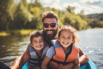 Fototapeta na wymiar Happy family with two kids enjoying kayak ride on beautiful river.
