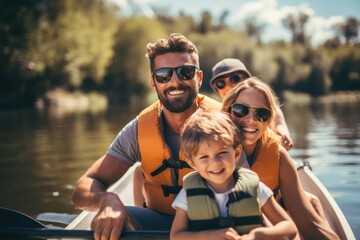 Happy family with two kids enjoying kayak ride on beautiful river. - obrazy, fototapety, plakaty
