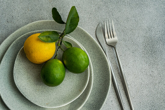 Citrus Fruits on Stacked Ceramic Plates