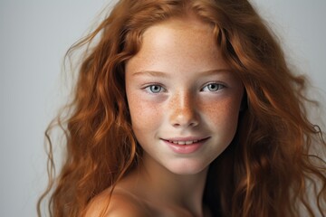 Headshot Portrait of happy ginger girl with freckles smiling looking at camera. White background.