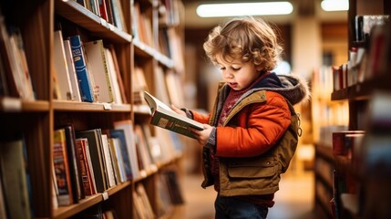 A young child in sweater selects a book from shelves in a library, the essence of early education and the joy of reading captured in his focus. Ai generated