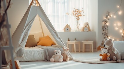 Kids bed in white sunny bedroom with window