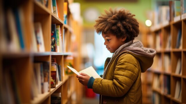 A young child in sweater selects a book from shelves in a library, the essence of early education and the joy of reading captured in his focus. Ai generated