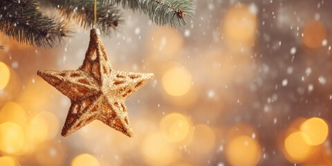 Christmas decoration background, Gold Christmas star on tree branch in bokeh lights background, Christmas card, generative ai
