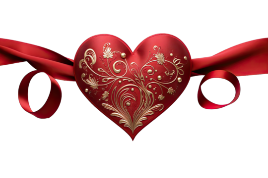 Elegant Heart Shape Made Of Red Ribbon With Floral On Transparent Background