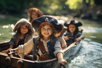 Kids dressed in pirate costumes and hats with treasure chest, spyglasses
