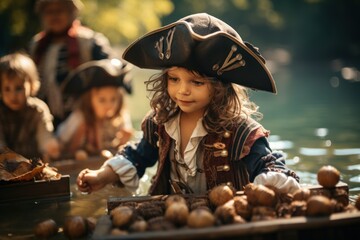 Kids dressed in pirate costumes and hats with treasure chest, spyglasses - obrazy, fototapety, plakaty