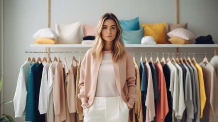 A stylish woman in a sweater and chic admires a selection of trendy and colorful garments in a boutique. Ai generated - obrazy, fototapety, plakaty