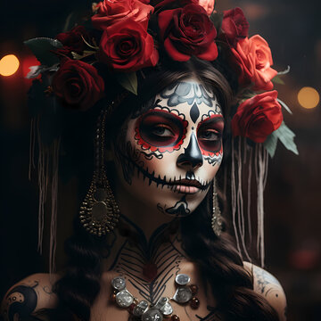 Photo de femme maquillée le jour de la fête des morts au Mexique