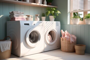 Laundry room with washing machine or tumble dryer. - obrazy, fototapety, plakaty