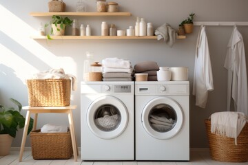 Laundry room with washing machine or tumble dryer. - obrazy, fototapety, plakaty