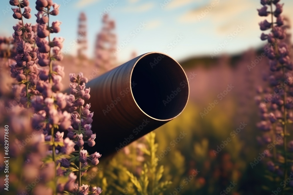 Poster a pipe standing tall in the middle of a beautiful field of purple flowers. this image can be used to