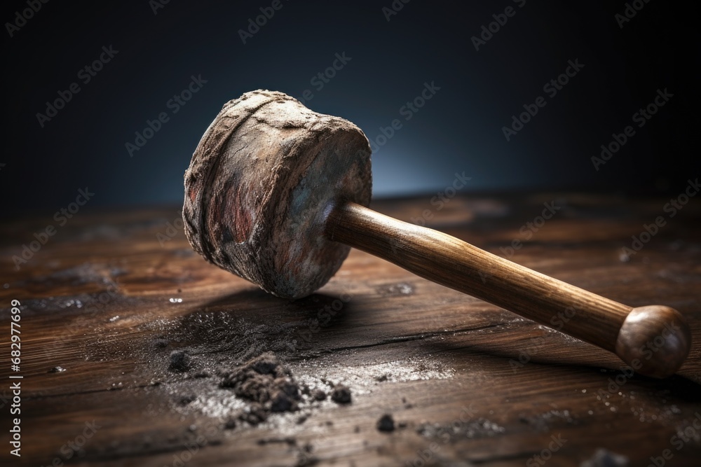 Poster a wooden mallet is placed on top of a wooden table. this versatile image can be used in various proj