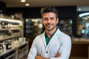  Portrait of smiling friendly male professional pharmacist in green shirt, arms crossed in lab white coat standing in pharmacy shop or drugstore in front of shelf with medicines. Health care concept.
