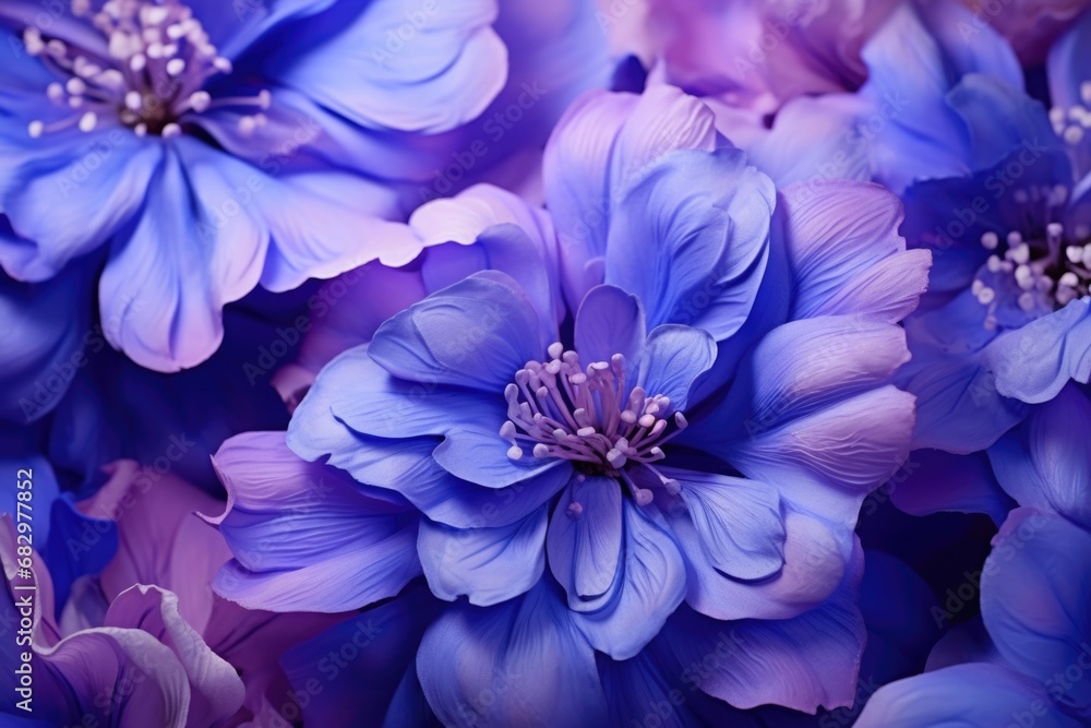Poster a close-up view of a bunch of beautiful blue flowers. perfect for adding a touch of color and elegan