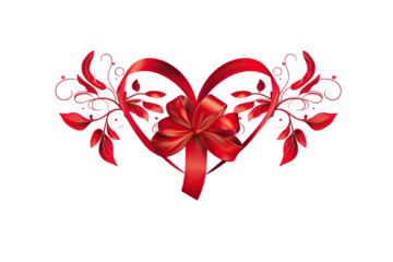 Elegant Heart Shape Made Of Red Ribbon With Floral On Transparent Background